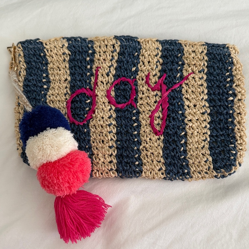 Sundry Navy and Tan Crochet Clutch with Pink Pom Poms